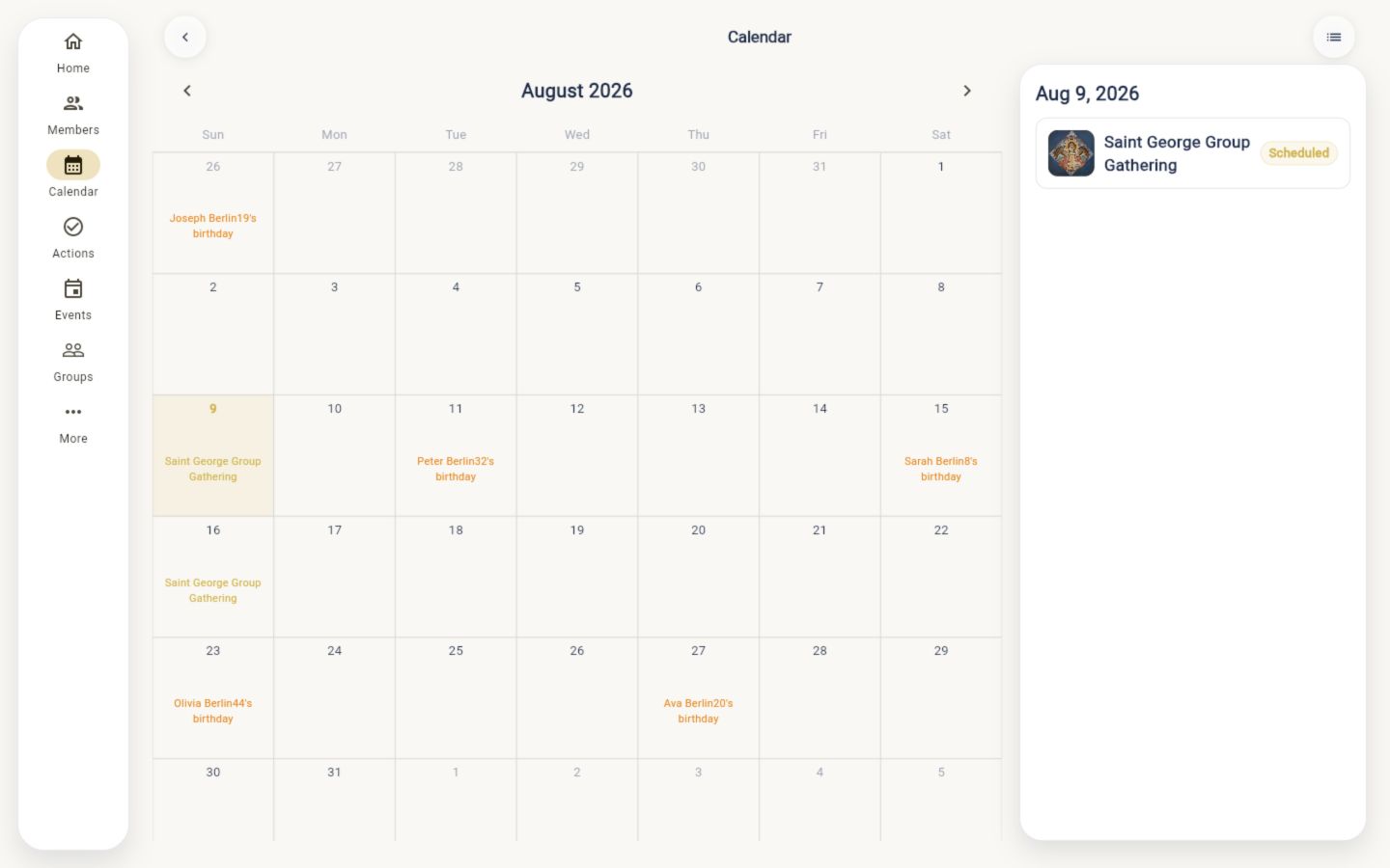 Churvice calendar with scheduled church events