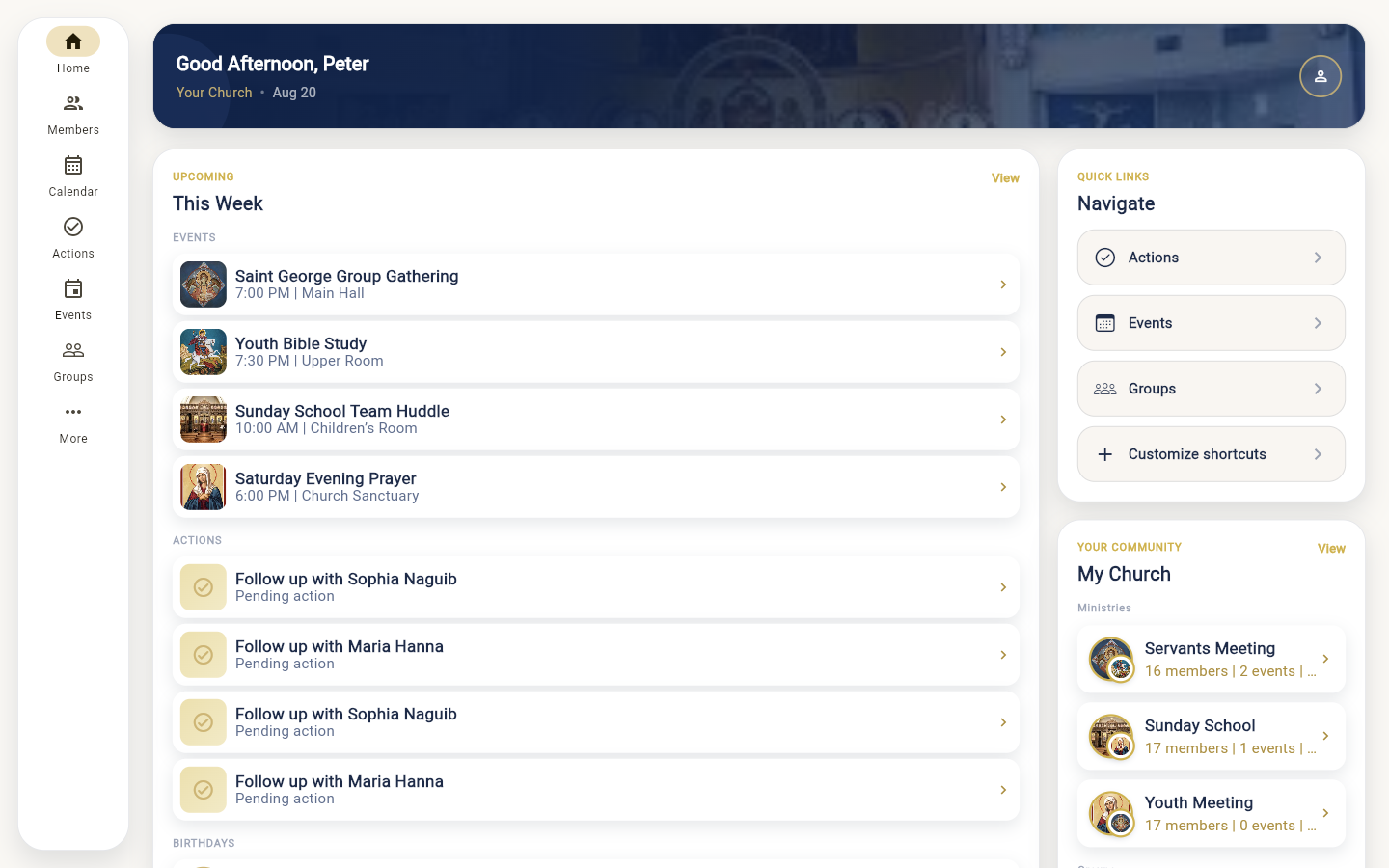 Churvice desktop Home with this week’s events, actions, ministries and shortcuts
