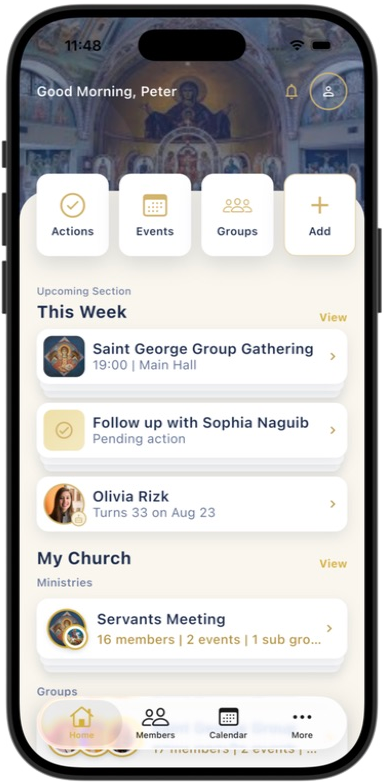 Churvice phone Home showing the same week’s events and actions