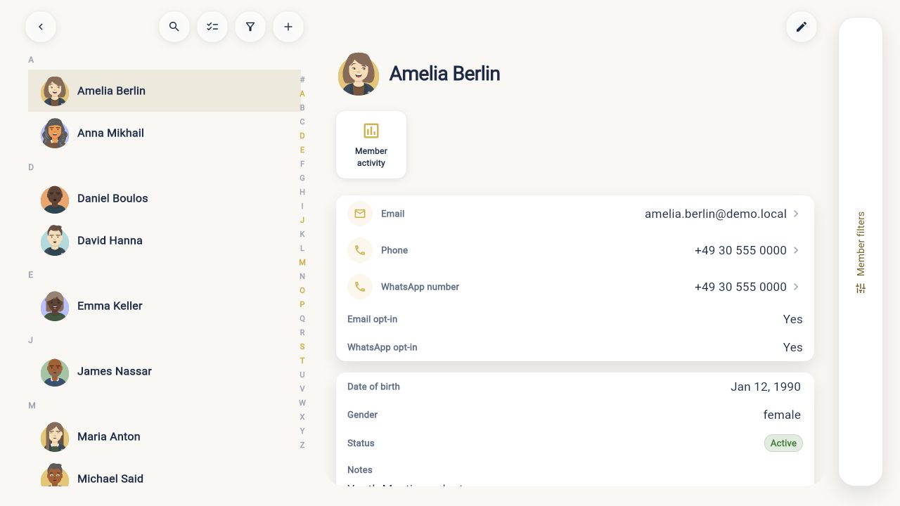 Churvice members workspace with a selected member record